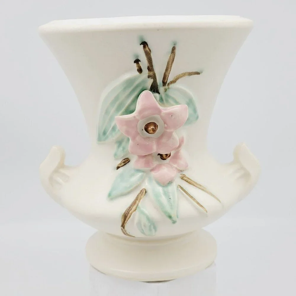McCoy Ceramic Vase Urn Blossom Time Off White Vintage 1940s Vintage Mid Century